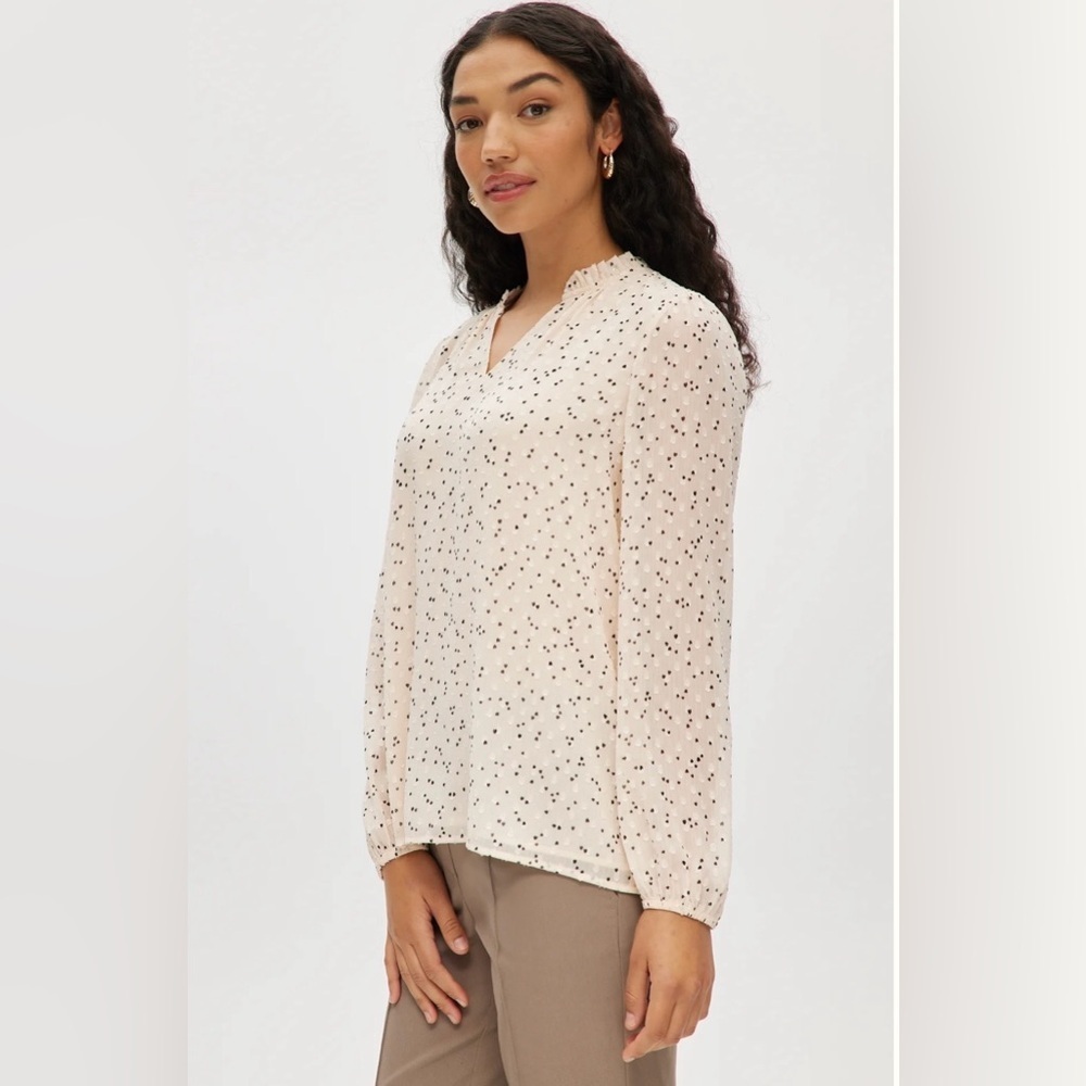 Hilary Radley Beige Printed Ruffled Blouse with Black Speckles - Picture 2 of 9